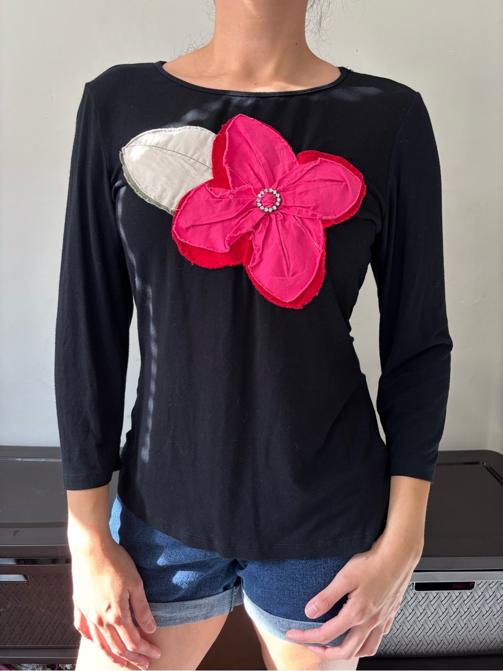 Y2K Whimsygoth Black Grunge Fall Top Pink Floral Applique with Rhinestones Small